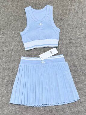 Alo Yoga Blue Tank Top and Pleated Skirt Set